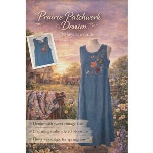 VINTAGE Bobbie Brooks Denim Maxi Dress Women Large Embroidered Leaves Squirrel